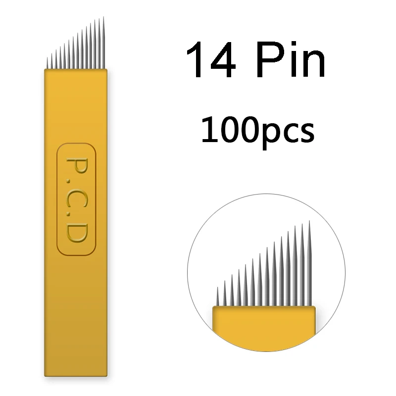100PCS 14pin 100 шт. Nano Lamina Agulhas микроблейдинг tebori 12 pin жесткая PCD игла 12 лезвий постоянный макияж бровей 0,25 мм иглы татуировки - Габаритные размеры: 100PCS 14pin