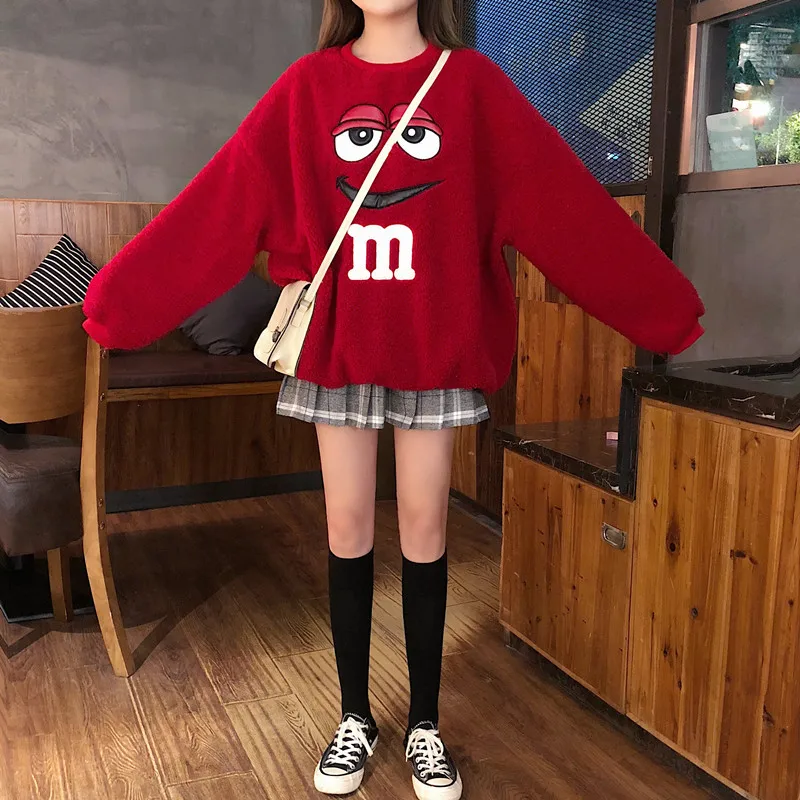 Cartoon Plush Hoodie New Style Women's Autumn And Winter Korean-style Loose-Fit Students Thick Embroidery Warm fang yang gao Swe