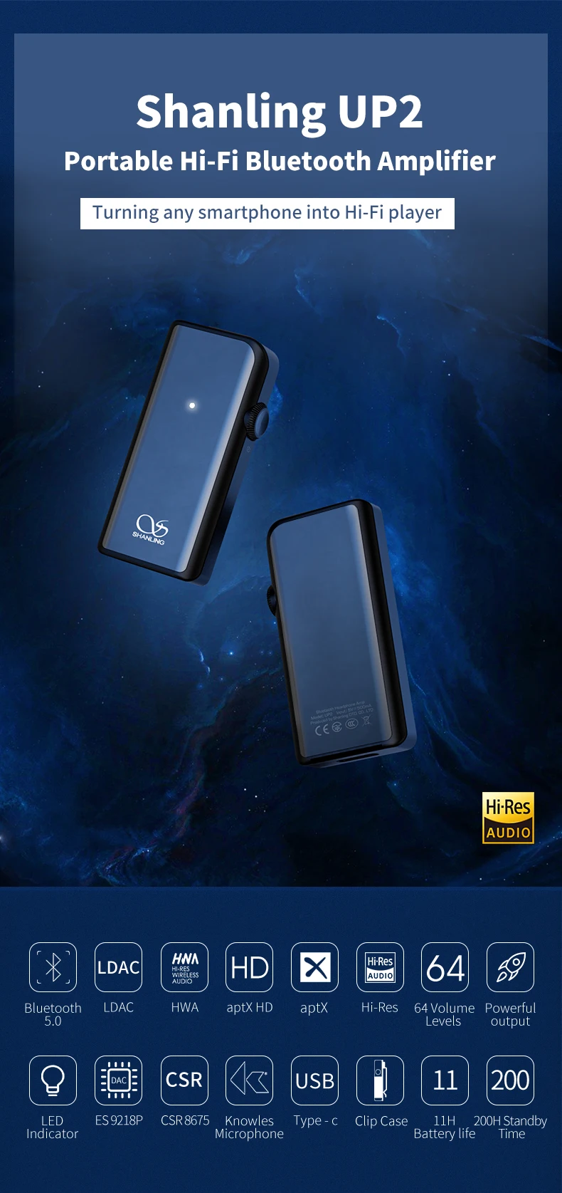 Shanling UP2 мини усилитель для наушников Bluetooth 5,0 USB LDAC аудио портативный усилитель для iphone
