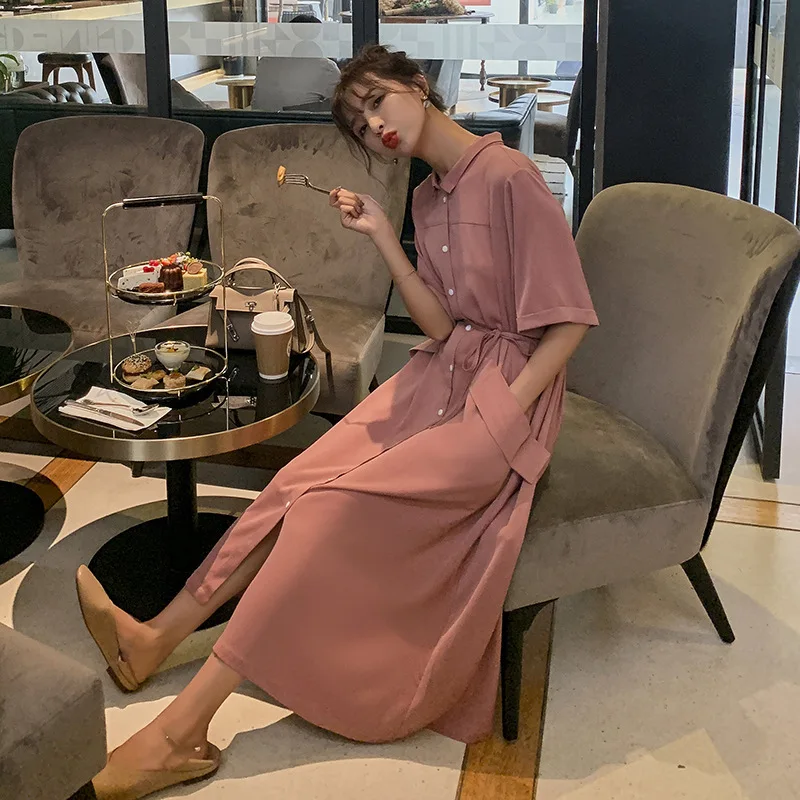 

Photo Shoot French Romantic Shirt Small Fold-down Collar Dress Women's 2019 Summer New Style Loose-Fit Slimming Mid-length Skirt