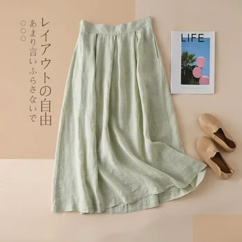

Vintage Women Linen Skirt High Waisted Elegant Solid Pleated Skirts Female Maxi Skirts Women Long Mid Calf Skirts