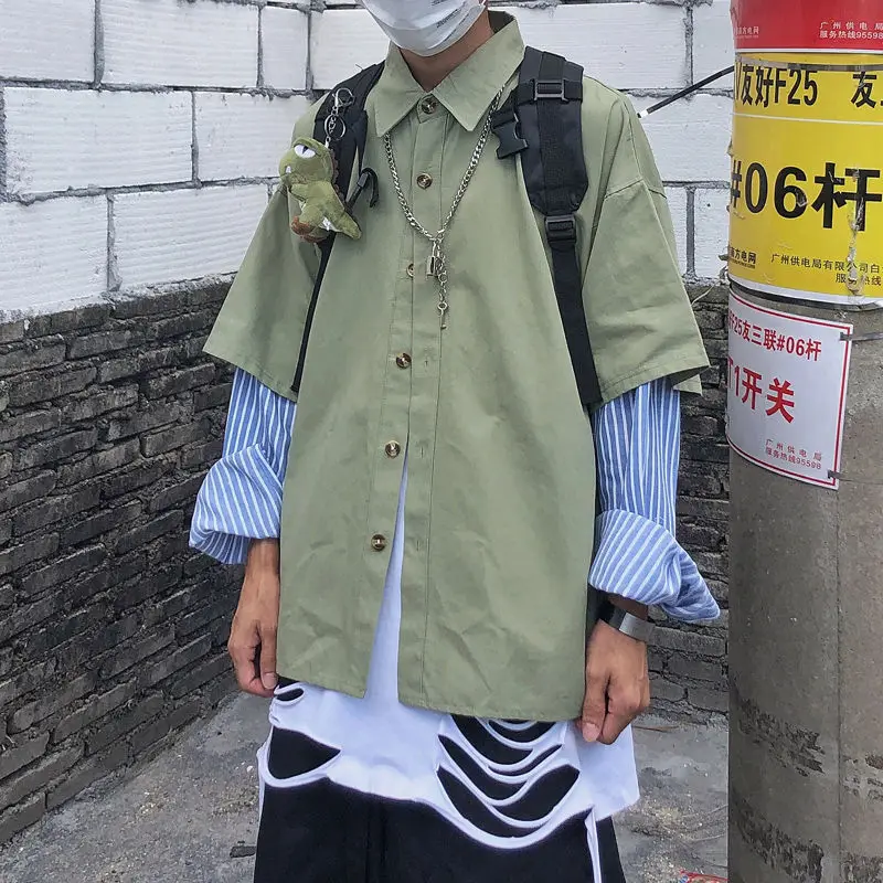 

Korean Fake Two-piece Shirt Men's Fashion Striped Casual Shirts Mens Streetwear Wild Loose Autumn Long-sleeved Shirt Men