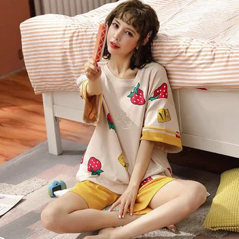 

Pajama Women's Summer Cotton Short Sleeve Cute Thin Home Clothes Summer Korean Cartoon Women's Shorts Can Be Worn Outside Suit