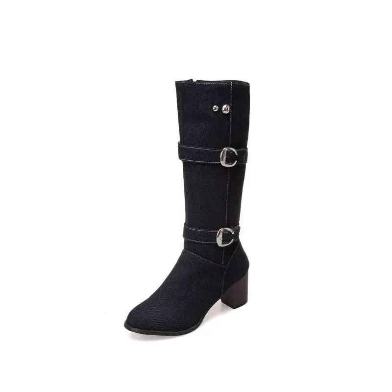Rimocy/теплые ботинки до середины икры из джинсовой ткани женские ботинки на Высоком толстом каблуке с металлической пряжкой женские зимние ботинки размера плюс 34-48 - Color: Black