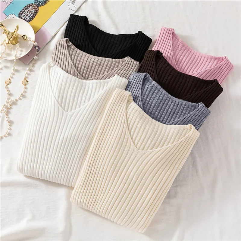 

2019 autumn winter Women V-Neck Knitted Sweater Casual Solid long sleeve Female Pullovers Fashion Slim Femme Elasticity Pullover