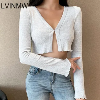 

LVINMW Sexy V Neck Long Sleeve Ruffles Grey Cardigan Crop Top Woman tshirts Slim Fashion Simple Basic T Shirt Tops Streetwear