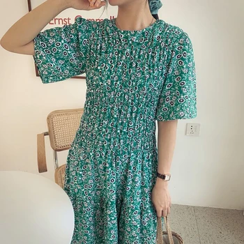 

Jvcake Woman Dress 2020 Summer New Puff Sleeve Pleated Floral Chiffon Dress Green Was Thin Waist Long Women'S Dress Fashion styl