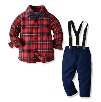 

Baby Boy's Clothes Two-piece Suit, Kids Red Plaid Pattern Long Sleeve Shirt + Blue Long Pants