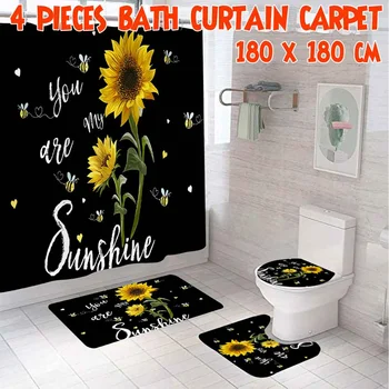 

NEW Stylish Sunflower Printing Shower Curtain and Rug Set Sunflower Bathroom Curtains Bath Mat Carpet for Toilet Decor