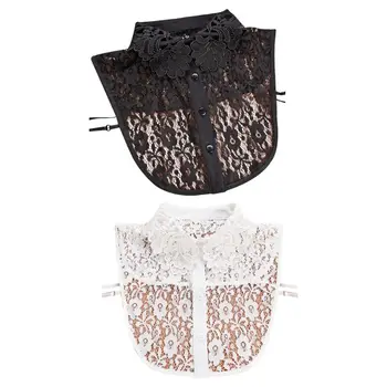 

Women Women Blouse Sweater Round Neck Fake False Collar Detachable Sheer Embroidered Floral Lace Solid Half Shirt Tie Button
