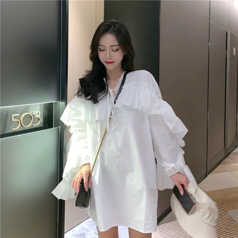 

Make firm offers irregular falbala stitching loose lace-up sets show thin long sleeve shirt skirt