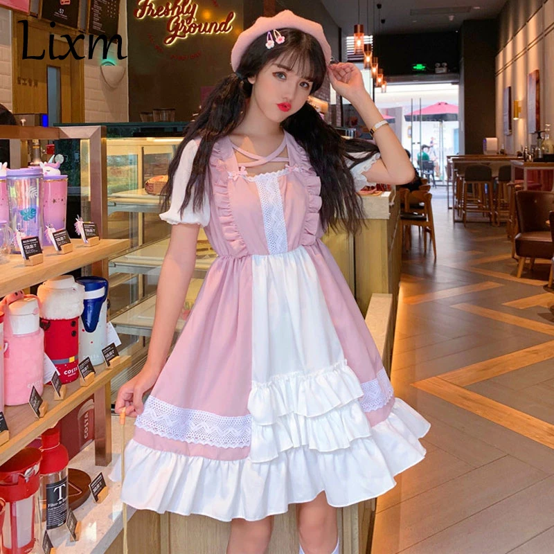 Kawaii Lolita dress Summer Square Collar Short Lolita Dresses Halloween Gothic Bow Women's clothing