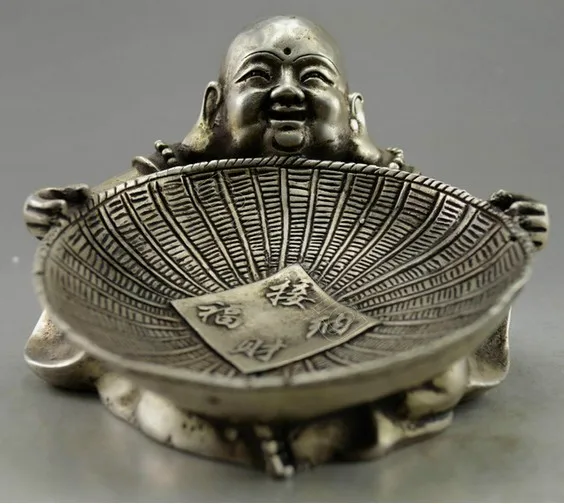 YM 308 Collectible Decorated Old Handwork Tibet Silver Carve Buddha Hold Dustpan Statue | Дом и сад