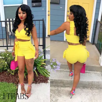 

Women Summer Bodycon Yellow Ruffle Sleeveless Crop Top Tank Top +Shorts 2 Pieces Set Outfit Women's Sets