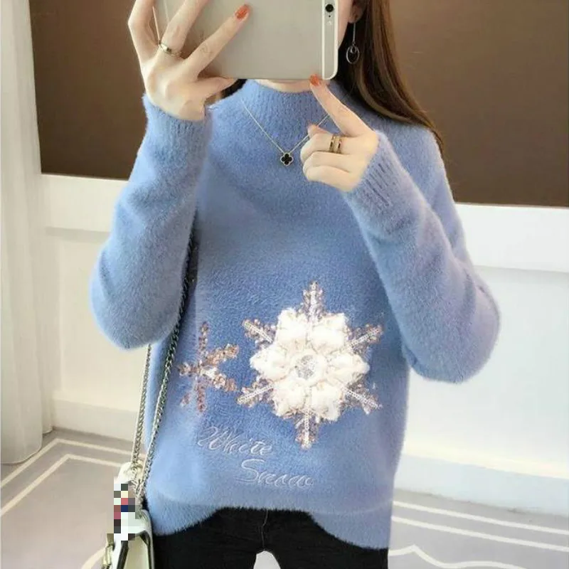 Neploe корейский стиль преппи свободный водолазка вязаный свитер Одноцветный цветок пуловеры с вышивкой Зимний Элегантный свитер для девочек 45516 - Цвет: blue