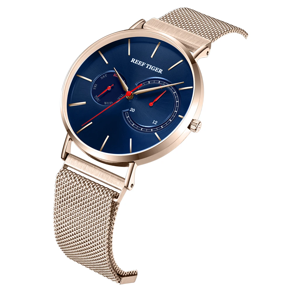 New Reef Tiger Luxury Dress Watch Blue Dial Rose Gold Men Quartz Watch Men Steel Watch Rga16-4