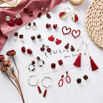 

Korea Earrings Heart Tassel Stone Dark Red Enamel Geometric Round Triangle Metal Dangle Earrings Jewelry for Women Girl Party