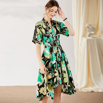 

Summer Dress 2020 Women New Cotton Fashion Printed V-neck Short Sleeve Slim Irregular Dress Female S-XL
