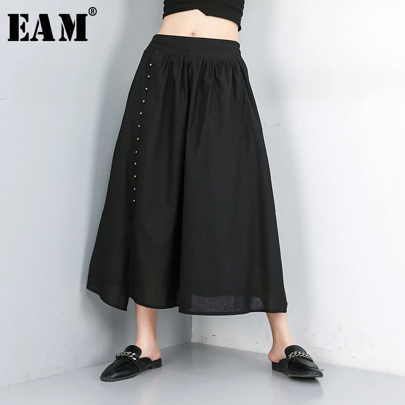 

[EAM] 2020 New Spring Summer High Elastic Waist Black Loose Leisure Nailed Split Joint Half-body Skirt Women Fashion Tide JW561