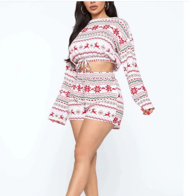 

2pieces Set Christmas Women Sets Snowflake Pattern Adult Warm Long Sleeve Top and Shorts Sexy Night Club New Year's Suits S-XXL