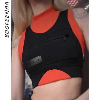 

BOOFEENAA Streetwear High Neck Sleeveless Tank Top Sports Vest Rave Festival Color Block Sexy Crop Tops for Women Basics C87-I66