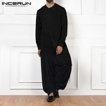 

INCERUN Autumn Fashion Men Solid Color Long Sleeve Muslim Kaftan Tops Casual Round Collar Irregular Hem Button Mens Jubba Thobe