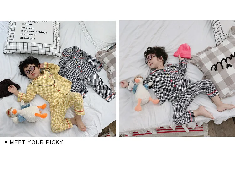 Осенняя домашняя одежда в клетку с вышивкой из мультфильмов для мальчиков, хлопок, рубашка с длинными рукавами и штаны комплекты из 2 предметов комплекты одежды для девочек