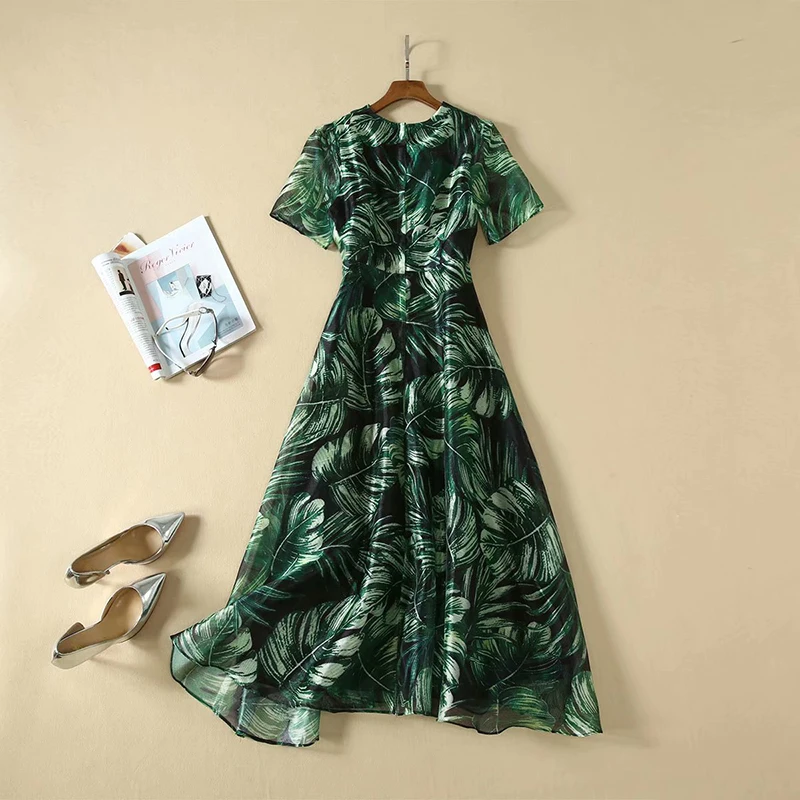 MIUXIMAO High Quality Fall&Spring Dress Green Leaf Print Office Lady Eleghant Casual Dress Women vestidos