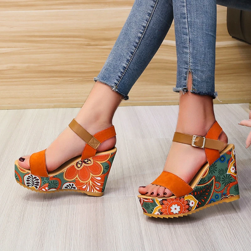 Zapatos tacón alto con gruesa para mujer, sandalias étnicas 10cm con cuñas de tela Floral, para fiesta, verano, de mujer| - AliExpress