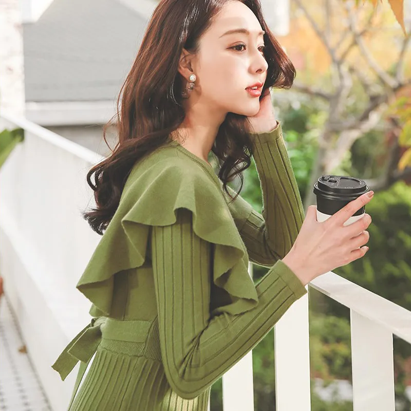 

2019 Winter New Style Korean-style Elegant Mid-length Flounced Slim Fit Waist Hugging Knit Big Hemline Dress Sweater Women's