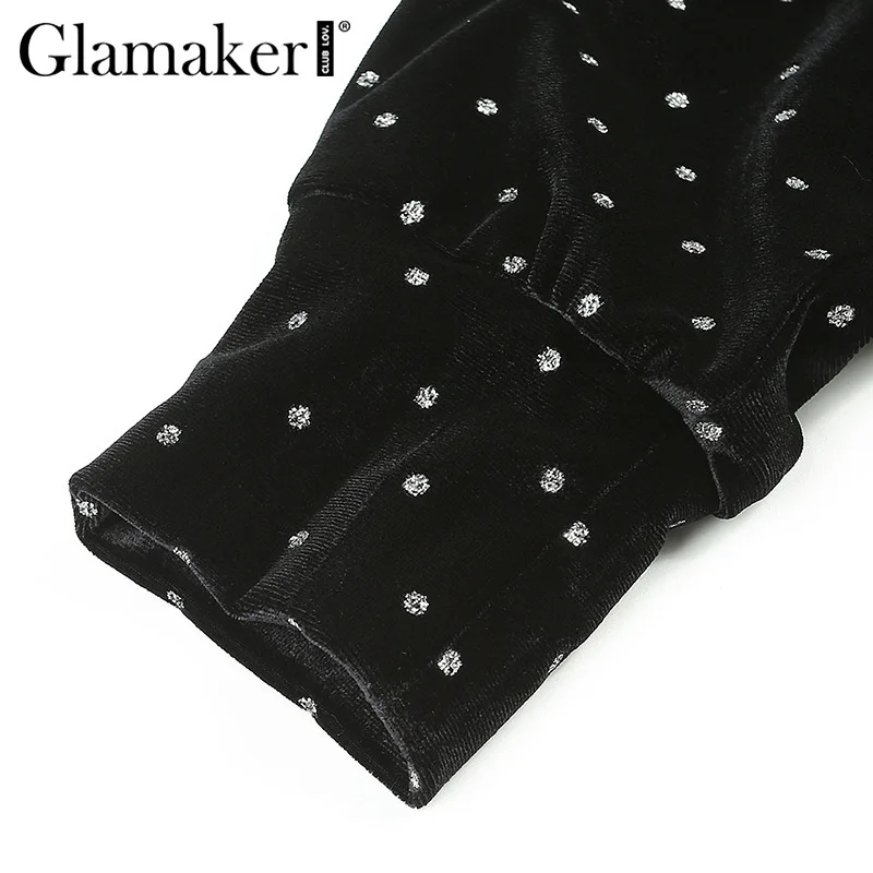 Glamaker, квадратная горловина, длинный рукав, блузка, черная, элегантная, открытая спина, баска, блузка, женская, Осень-зима, в горошек, бархатная, с рюшами, рубашка для женщин