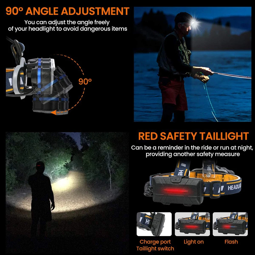 Head Flashlight COB Headlamp Powerful 8 LED Headlamp USB Rechargeable Waterproof T6 Headlight Super Bright Outdoor 18650 Lantern with Tail Warning Light