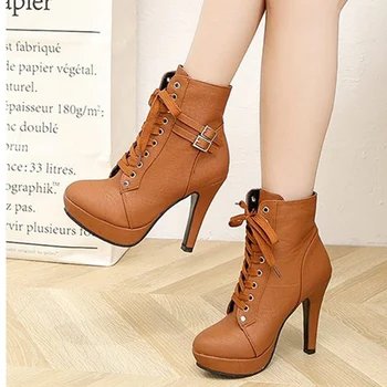 

Women Boots Ladies Ankle Lace Up Female Buckle Casual Round Toe High Heels Platform Woman Fashion Shoes Plus Size 2020