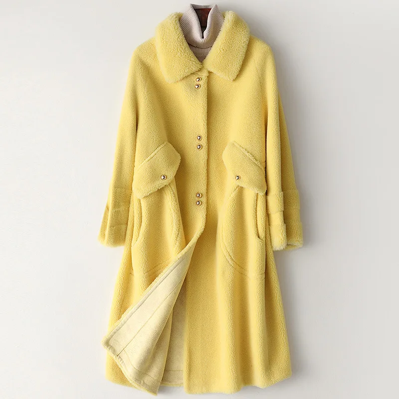 

Wool Fur Coat Women Long Yellow Wool Coat Winter High Quality Real Fur Outwear Turn Down Collar Thick Warm Solid Large Coat