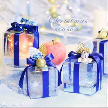 

8x8x8cm/9x9x9cm/10x10x10cm/12x12x12cm four size 10pcs bule color ribbon new wedding candy Transparent Christmas Eve apple box