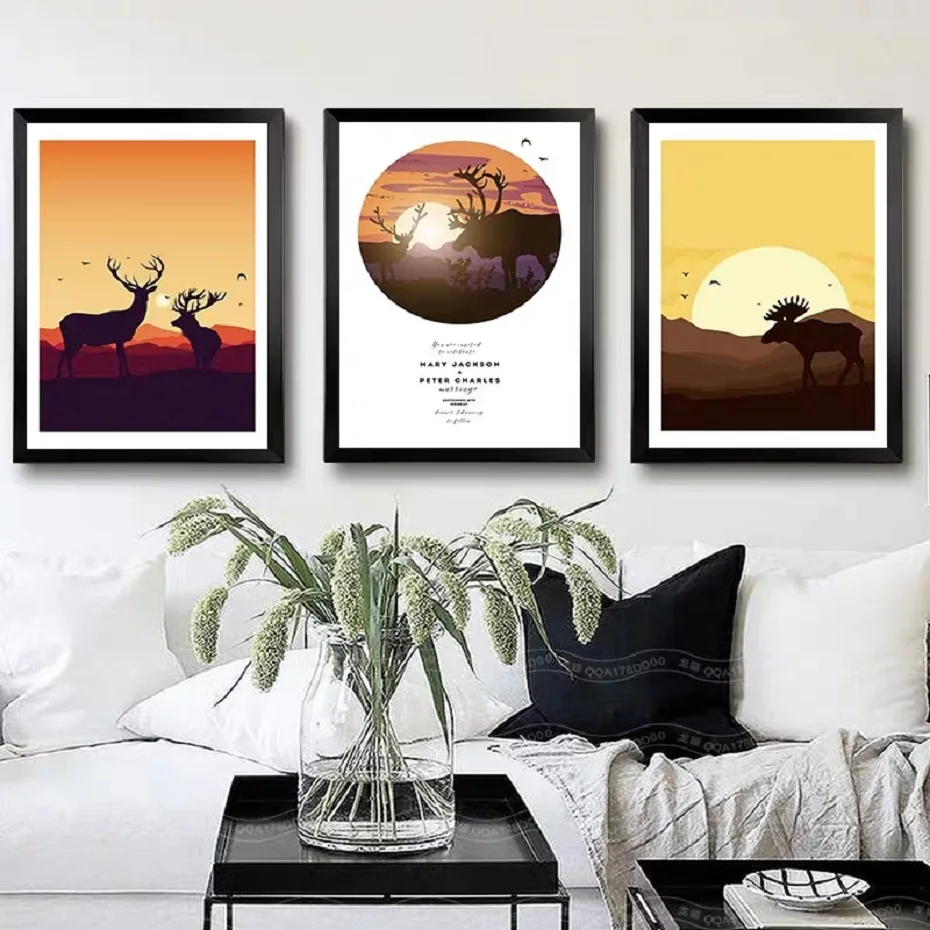 

Nordic Elk Sunset Scene Posters And Prints Abstract Pattern Art Life Wall Art Canvas Paintings Pictures Living Room Home Decor
