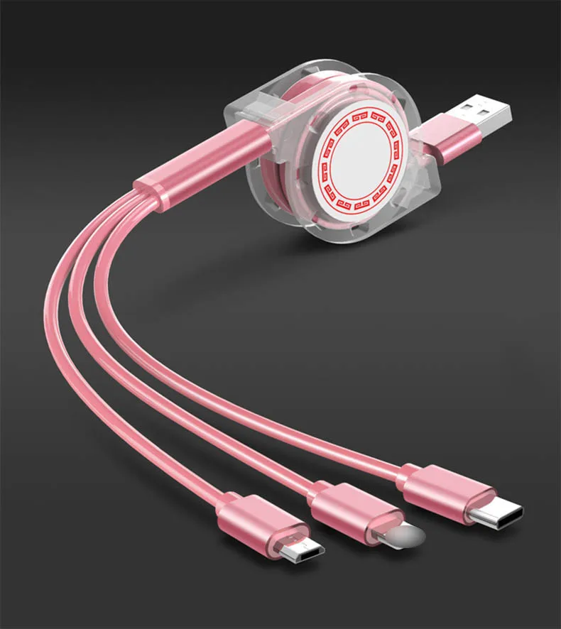 3 in1 Retractable USB Cable Type-c Charging line 100cm Coiled Data Line For iPhone&Android Fast Charging