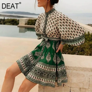 

DEAT 2020 new summer fashion women clothes round neck vintage Vacation lantern sleeves linen flower printed dresses WG84206L