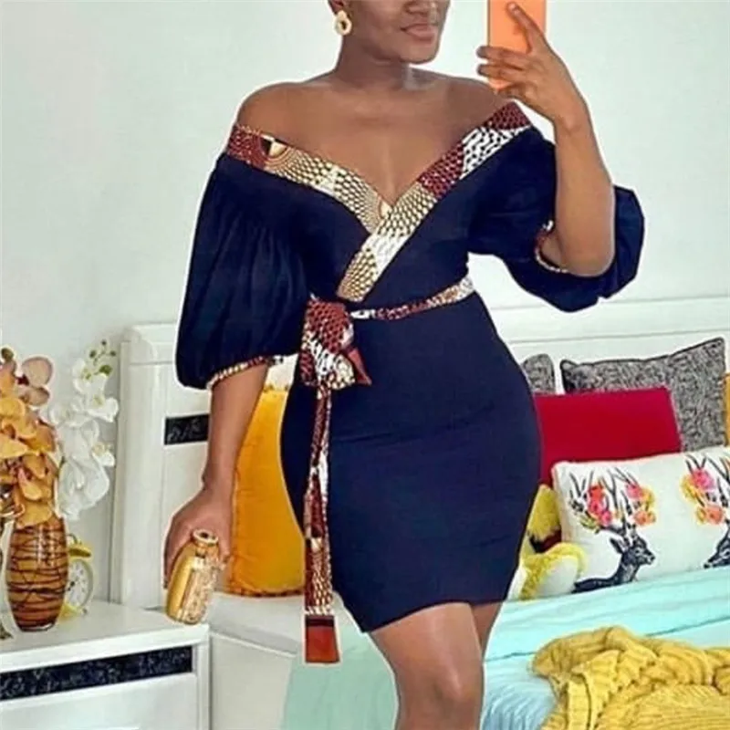 

Women Sexy Party Dress Printed Deep V Neck Off Shoulder Sashes Mini Lengh Bodycon African Omighty Date Night Dress Plus Size 2XL