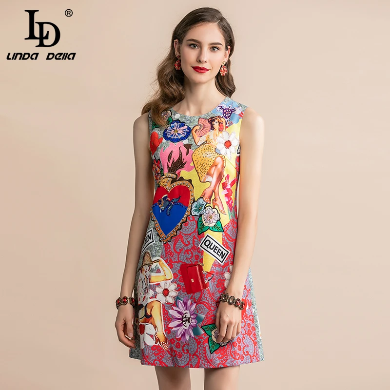 

LD LINDA DELLA 2019 Summer Fashion Runway Mini Short Dress Women's Sleeveless Elegant Queen Floral Print Beading Vintage Dress