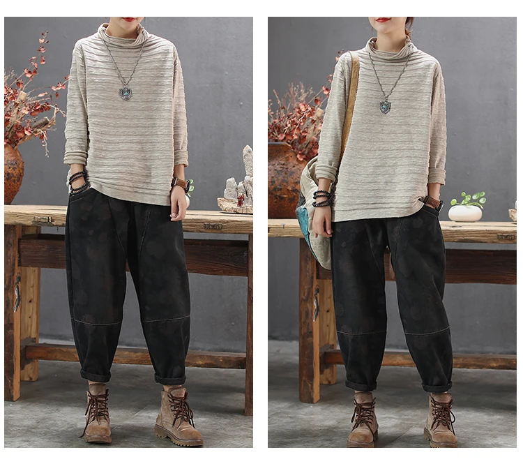 Vintage Women Jeans Autumn Winter New Print Floral Fleece Warm Pants Elastic Waist Female Fashion Trousers YoYiKamomo
