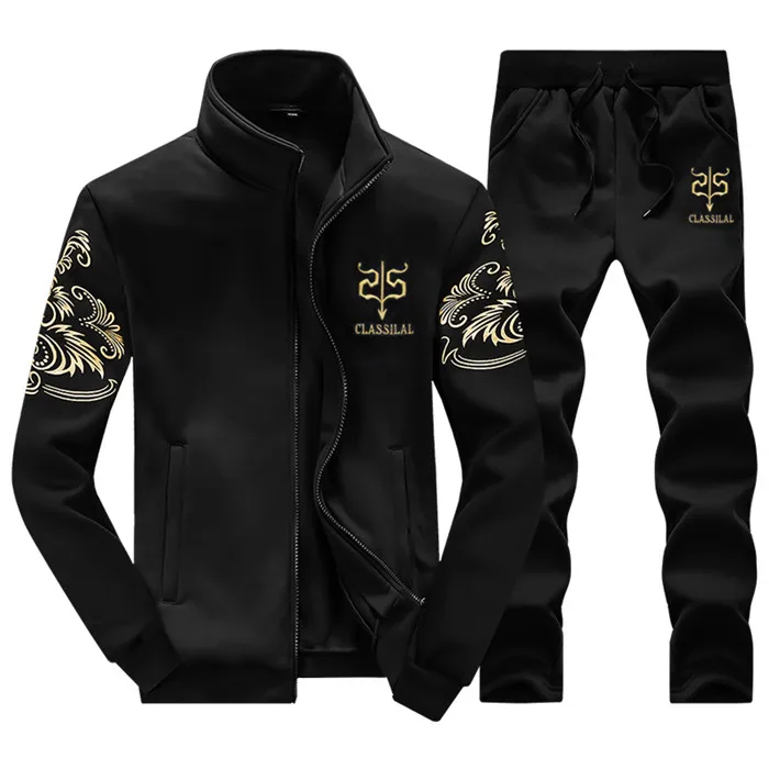 Men Tracksuit 2 Pieces Set Sweatshirt+Sweatpants New Fashion Autumn Sporting Zipper Suit Mens Clothing Slim Fit Sportswear Sets - Цвет: Black D38