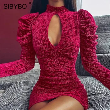 

SIBYBO Velvet Floral Print Mini Party Dress Women Spring Long Sleeve Hollow Out Sexy Bodycon Dress Vintage Casual Dress 2020