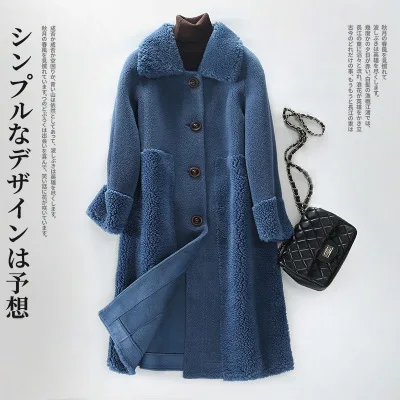 Зимние ягненка пальто с мехом Для женщин модные Однобортный свободная зимняя куртка Для женщин высокого качества пальто с мехом женские элегантные длинная куртка C мехом - Цвет: Navy