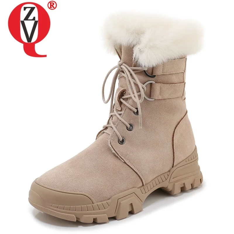 

ZVQ winter new casual snow boots outside warm cow suede ankle boots mid heels platform cross-tied women shoes drop shipping