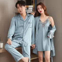 Luxurious Silk Pijama Set Top & Pants Men Spring Autumn Satin Lounge Shirt Lovers Couples Sleepwear Male Night Wear Night Suit