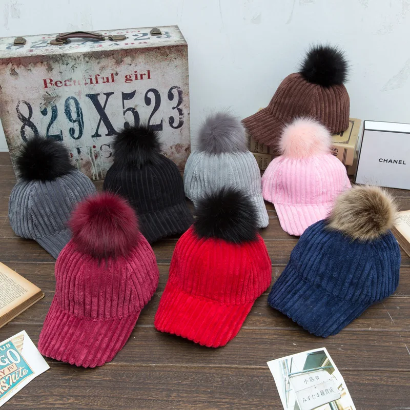 

Korean-style Fashion Stripes Women's Artificial Fur Ball Baseball Cap Light Board Ultra-Coarse Corduroy Curved Brim Brim Hat