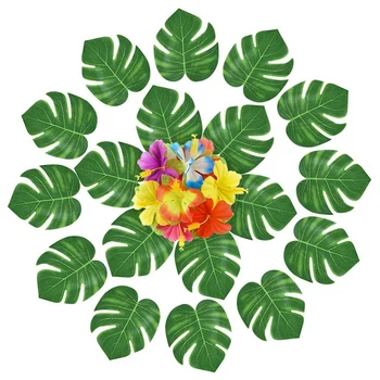 

SZS Hot Set Of 120 Hawaii Style Decorating Pieces for Summer with Palm Leaves and Artificial Hibiscus Flowers - Tropical Plants