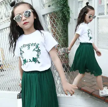 

Girls Summer Set New 2020 Short Sleeve White T-Shirt+Skirt Set Kids Girls Clothing Set 4 6 8 10 12 14 Years Kids 2Pcs Outfits