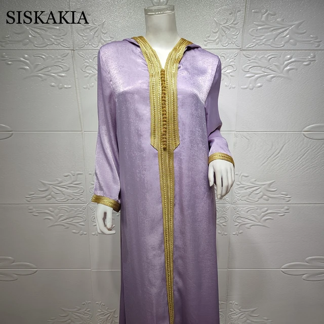 Siskakia Modest Muslim Hooded Abaya Dress for Women Purple Ramadan Eid Moroccan Kaftan Robe Turkish Arabic Jalabiya champagne 4